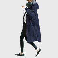 Damen Langer Wasserabweisender Kapuzen-Trenchcoat Weite Passform Eleganter Wetterschutz – Blau