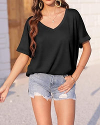 Damen Leinenbluse Sommer - Lockeres Kurzarm Shirt mit V-Ausschnitt – Schwarz