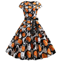 Damen Halloween-Kleid mit Print Kurzarm & Ausgestellter Knie-Länge | Midi – Weiß