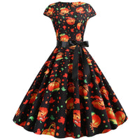 Damen Halloween-Kleid mit Print Kurzarm & Ausgestellter Knie-Länge | Midi – Schwarz