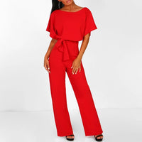 Sommerlicher Damen Jumpsuit Beige - Leichter Overall mit Gürtel und weitem Bein – Rot