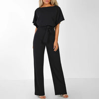 Sommerlicher Damen Jumpsuit Beige - Leichter Overall mit Gürtel und weitem Bein – Schwarz