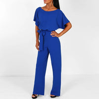 Sommerlicher Damen Jumpsuit Beige - Leichter Overall mit Gürtel und weitem Bein – Blau