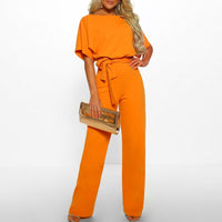 Sommerlicher Damen Jumpsuit Beige - Leichter Overall mit Gürtel und weitem Bein – Orange