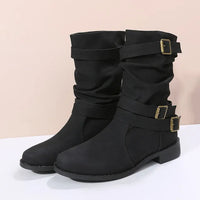 Damen Stiefel Mittlere Wadenhöhe mit Schnallendetails und Niedrigem Absatz – Schwarz