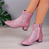 Damen Stiefeletten Kunstleder Glitzer Absatz Elegant – Rosa