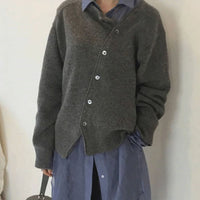 Damen Strickjacke Oversized Cardigan mit asymmetrischer Knopfleiste für Herbst und Winter – Grau