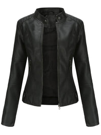 Damen Taillierte Bikerjacke mit Reißverschluss Eleganter Kunstleder-Look – Schwarz