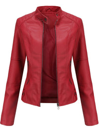 Damen Taillierte Bikerjacke mit Reißverschluss Eleganter Kunstleder-Look – Rot