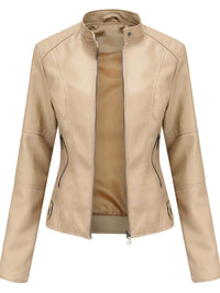 Damen Taillierte Bikerjacke mit Reißverschluss Eleganter Kunstleder-Look – Beige