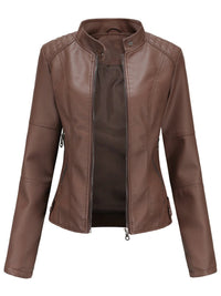 Damen Taillierte Bikerjacke mit Reißverschluss Eleganter Kunstleder-Look – Dunkelbraun