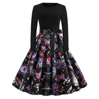 Damen Halloween-Kleid mit Print | Langarm & Ausgestellter Schnitt – Schwarz 1