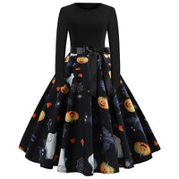 Damen Halloween-Kleid mit Print | Langarm & Ausgestellter Schnitt – Schwarz 13