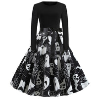 Damen Halloween-Kleid mit Print | Langarm & Ausgestellter Schnitt – Schwarz 3
