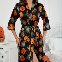 Damen Halloween-Bademantel mit Kürbisprint | Taillengürtel & 3/4-Ärmel – Orange