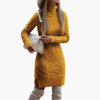 Damen kleid mit Rollkragen und Zopfmuster – Gelb