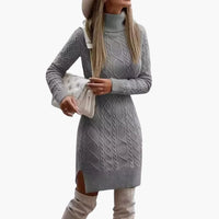 Damen kleid mit Rollkragen und Zopfmuster – Grau