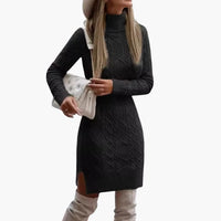 Damen kleid mit Rollkragen und Zopfmuster – Schwarz