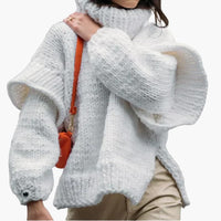 Damen pullover mit Oversize-Rollkragen und geripptem Saum – Weiß