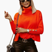 Damen pullover mit Rollkragen und Knopf-Ärmeln – Orange / Rot