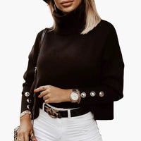 Damen pullover mit Rollkragen und Knopf-Ärmeln – Schwarz