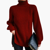 Damen pullover mit lockerem Rollkragen und langen Ärmeln – Rot