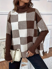 Reigaven | Plaid Color Block Turtle Neck Sweater, eleganter Langarmpullover – Dunkelbraun