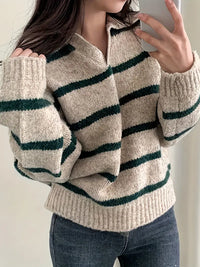 Seydalah | Gestreifter Strickpullover mit V-Ausschnitt - Eleganter Pullover mit langen Ärmeln – Dunkelgrün