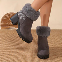 Reignella | Damen Winterstiefeletten mit Kunstfellbesatz, hoher Absatz, klobiger Blockabsatz – Dunkelgrau