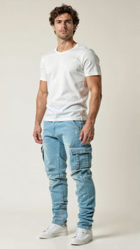 Herren Cargo Jeans - Slim Fit Sommer Cargo Jeans Hosen – Blau