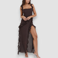 Giorgia | Langes Kleid mit Rüsche – Braun