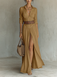 Velina - fließendes, plissiertes Maxikleid – Braun