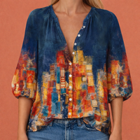Bedruckte Bluse mit V-Ausschnitt und Knopfverschluss für Damen | Mireya – Dunkelblau