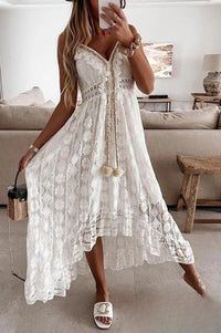 Damen Boho Spitzenkleid Häkel-Details Sommerlich Luftig – Weiß