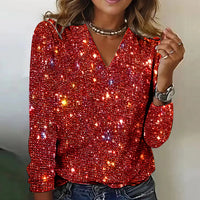 Damen Pailletten Glitzer Party Bluse Festlich – Rot