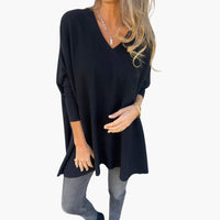 Bequemer Damen Strickpullover V-Ausschnitt – Schwarz