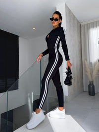 Bequemer Damen Loungewear-Set: Pullover und Jogginghose mit Streifen für Herbst/Winter – Schwarz