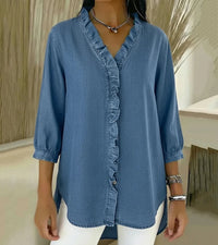 Aelyssa - Soft-Touch-Bluse mit Rüsche am V-Ausschnitt – Blau