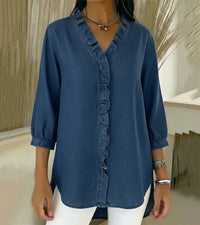 Aelyssa - Soft-Touch-Bluse mit Rüsche am V-Ausschnitt – Dunkelblau