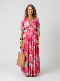 Ione | Kurzarm V-Ausschnitt Blumenkleid Midi – Rosa