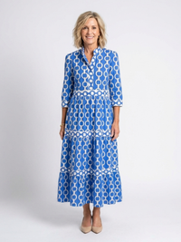 Ysolde | Midi-Kleid mit drei Viertelärmeln und Kettenmuster – Blau
