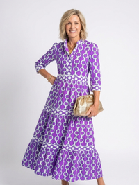 Ysolde | Midi-Kleid mit drei Viertelärmeln und Kettenmuster – Lila