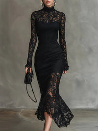 Merla™ - Elegante schwarze Stretchspitzen-Fishtail-Maxikleid – Schwarz