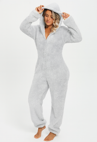Eleganter Damen-Fleece-Overall mit Kapuze – Grau