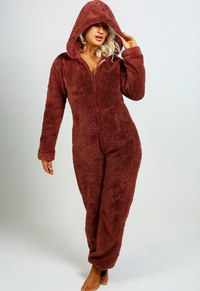 Eleganter Damen-Fleece-Overall mit Kapuze – Rotwein