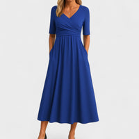 Elegantes Midikleid für Frauen - V-Ausschnitt, Ellbogenlange Ärmel, Praktische Taschen – Blau