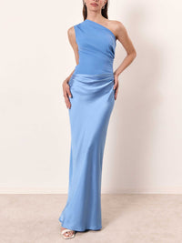 Elegantes Plissiertes Maxikleid Mit One-Shoulder-Ausschnitt – Sommer Maxikleider Für Besondere Anlässe Und Lange Kleider – Blau