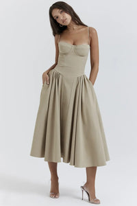 Vintage Sommerkleid für Damen – Leicht und Luftig mit Spaghettiträgern – Khaki