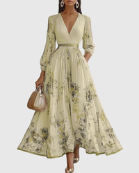 Elegantes plissiertes Maxikleid für Frauen – Sommerkleid mit V-Ausschnitt und langen Ärmeln – Gelb