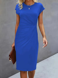 Einfarbiges Midi-Kleid mit Rundhalsausschnitt für Frauen | Ideal für Arbeit oder Veranstaltungen – Blau